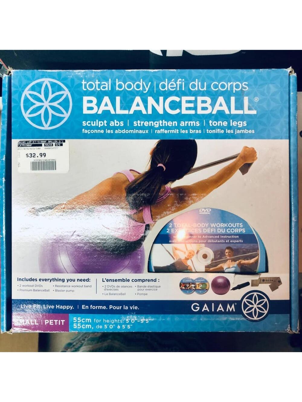 NIB Gaiam 55 cm Total Body Balanceball Kit Workout Fitness Bilingual CD Purple